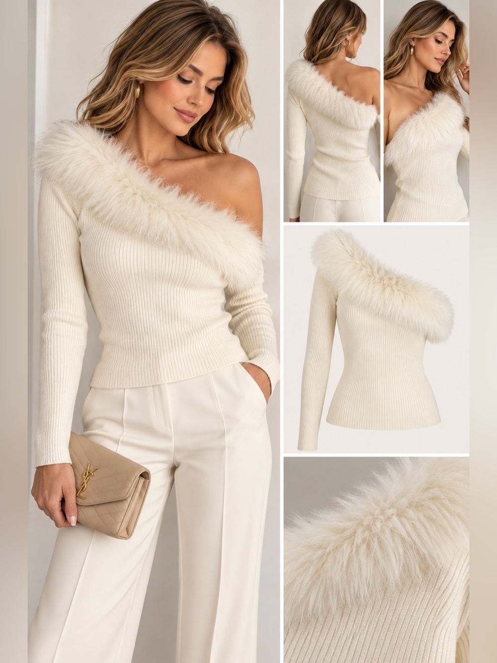 Boston Proper Ivory Faux Fur Collar Ribbed Sweater Size Medium Quiet Luxury